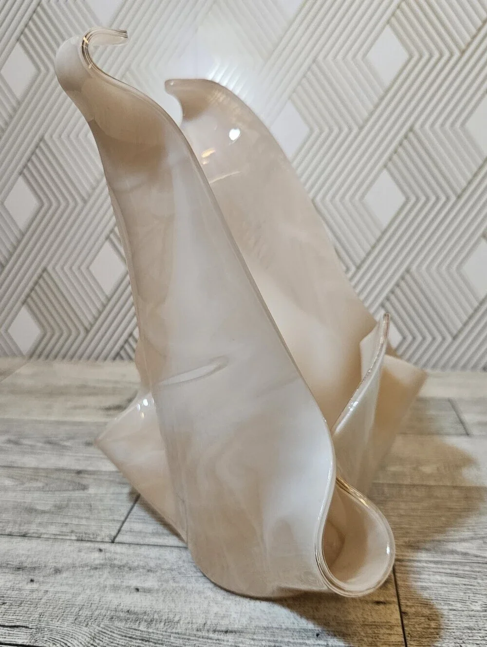 Handkerchief  Vase Candle Holder Abstract Pink And White Swirl Glass